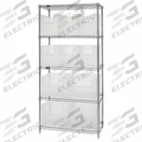 QUANTUM STORAGE SYSTEMS Shelving Unit: 36 in x 18 in x 74 in, 1 Sided, 10 Bins, Clear, 5 Shelves (MPN WR5-600800CL). Key specifications — Frame Color: Chrome; Bin HxWxD: (6) 12-1/2 x 17-1/2 x 10-7/8 in; Frame Material: Carbon Steel; Bin Color: Clear; Brand: QUANTUM STORAGE SYSTEMS.