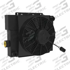AKG Forced Air Oil Cooler: 20 hp Heat Removed, 50 gpm Max. Flow, 377 psi Max. Pressure, 12V DC (MPN D20-12-BP25). Key specifications — attr96059: SAE #16; attr96056: IP 68; attr96057: 12V DC; attr98919: AKG.