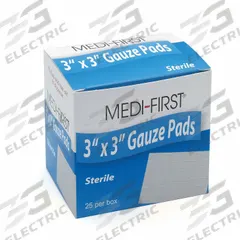 MEDIQUE Gauze Pad: 3 in Dressing Lg, 3 in Dressing Wd, Cotton, Sterile, Fastener Not Included, 25 PK (MPN 61273). Key specifications — Water Resistance: Not Water Resistant; Unitized: Unitized; Manufacturer Part Number: 61273; Package Type: Box; Product Type: Gauze Pad; Sterility: Sterile; Brand: MEDIQUE; Fastener Included: Fastener Not Included.