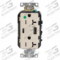 USB Receptacle: Duplex, 5-20R, 1 USB Ports, USB Type A/C, Light Almond, 125V AC, 20 A (MPN T5833-HGT). Key specifications — Brand: LEVITON.