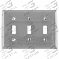 HUBBELL Wall Plate: Toggle, 3 Gang, Silver, Std Size (MPN SS3). Key specifications — Brand: HUBBELL; Material: Stainless Steel.
