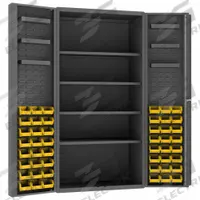 DURHAM MFG Bin Cabinet: 36 in x 24 in 72 in, 10 Shelves, 48 Bins, Yellow, Deep Box, 14 ga Panel (MPN DC36-48-4S6DS-95). Key specifications — Bin Color: Yellow; Bin HxWxD: (48) 4 in x 5 in x 3 in; Assembled: Assembled; Cabinet Style: Shelf and Bin; Brand: DURHAM MFG; Cabinet Color: Gray; Cabinet Finish: Powder Coated; Cabinet Material: Steel.