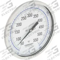 ASHCROFT Dial Thermometer: 50°F to 550°F /10°C to 290°C, ±1% Accuracy, 6 in Stem Lg, 3 in Dial Dia (MPN 30EI60R). Key specifications — Accuracy: ±1 %; Brand: ASHCROFT.