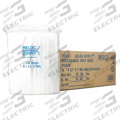 RELOC ZIPPIT Reclosable Bag: 2 mil Thick, 9 in Wd, 12 in Lg, Hang Hole Included, Box, 1,000 PK (MPN R912-HH). Key specifications — Bag Material: Polyethylene; Brand: RELOC ZIPPIT; With Hang Hole: Hang Hole Included; Package Configuration: Box.
