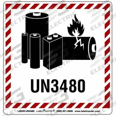 LABELMASTER DOT Container Label: Lithium Battery Handling Marking, 3 15/16 in x 3 15/16 in, 500 PK (MPN LB335-UN3480). Key specifications — Message: Lithium Battery Handling Marking; Background Color: Red; Brand: LABELMASTER.