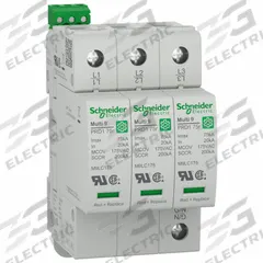 SCHNEIDER ELECTRIC Surge Arrester: Three Phase, 120/208V AC, 3 Poles, 4 Wires, L-N, 200 kA (MPN M9L13208). Key specifications — Voltage: 120/208V AC; Number of Wires: 4 Wires; Modes of Protection: L-N; Voltage Protection Rating: 1200V (L-L); Short Circuit Current Rating: 200 kA; Mounting Style: DIN-Rail; Brand: SCHNEIDER.