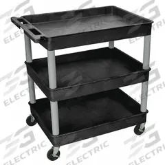 APPROVED VENDOR Utility Cart: 400 lb, 3 Shelves, 32 in L x 24 in W Self, Black, Flat (MPN BKTC111GY). Key specifications — Shelf Color: Black; Brand: APPROVED VENDOR; Caster/Wheel Configuration: (2) Swivel.
