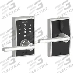 SCHLAGE RESIDENTIAL Electronic Keyless Lock: Touch Screen Keypad, Chrome (MPN FE695 CEN626LAT). Key specifications — Product Type: Electronic Keyless Lock; Manufacturer Part Number: FE695 CEN626LAT; Access Method: Touch Screen Keypad; Key Override Options: Schlage "C" 6 Pin Keyway.