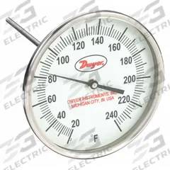 DWYER Glow-in-the-Dark Dial Thermometer: 20°F to 240°F, +/- 1% Accuracy, 5 in Dial Dia, Male (MPN GBTA590141). Key specifications — attr1275048: +/- 1%; attr1275052: DWYER.