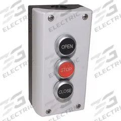 AMERICAN GARAGE DOOR SUPPLY Control Station: Open-Close-Stop, Momentary Contacts, Indoor/Outdoor (MPN PBK3). Key specifications — attr1070078: Non-Metallic Enclosure; attr92627: PBK3; attr93592: AMERICAN GARAGE DOOR SUPPLY; attr1070071: Commercial Garage Door Operators; attr1070072: Momentary Contacts; attr1070073: Open-Close-Stop; attr1070075: Indoor/Outdoor; attr1070080: Surface Mount.