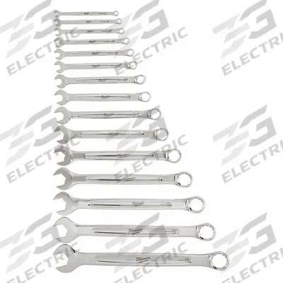 MILWAUKEE Combination Wrench Set: Alloy Steel, Chrome, 15 Tools - SAE 12-Point Combination Wrench Sets