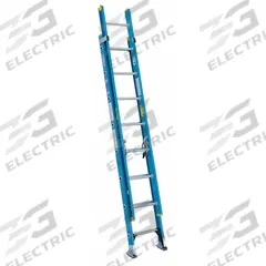 WERNER Extension Ladder: 16 ft Ladder Size, Fiberglass, 250 lb Load Capacity, 33 lb Wt, 2 Sections (MPN D6016-2). Key specifications — Color: Blue; Brand: WERNER; Included Features: Rope and Pulley; Removable Fly: Removable.