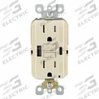 USB Receptacle: Decorator Duplex, 5-15R, USB Type A/C, Light Almond, 125V AC, 15 A, GFCI (MPN GUAC1-T). Key specifications — Brand: LEVITON.