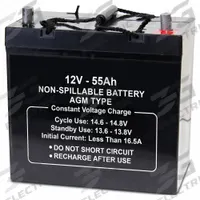 APPROVED VENDOR Sealed Lead Acid Battery: 12V DC, 55 Ah Capacity, 8.27 in Ht, 5.44 in Wd, 9.06 in Dp (MPN 2UKL5). Key specifications — Terminal Connection: Tab with 0.197 in Bolt Hole; Battery Cycle Type: Deep Cycle; Brand: APPROVED VENDOR; Housing Material: ABS.