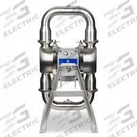 GRACO Electric Diaphragm Pump: Stainless Steel Body, Three Phase, 380-480V AC, 2 in, 29 ft Max. Head (MPN HE120-1401). Key specifications — Nameplate Voltage: 380-480V AC; Brand: GRACO; Surface Roughness: 20 Ra; Check Valve Material: PTFE; Diaphragm Material: PTFE with Santoprene Backing; Seat Material: 316 SS.
