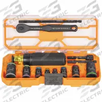 KLEIN TOOLS: Socket Tip, 9 1/4 in Overall Lg, Quick-Change, Cushion/Molded Grip, Double End, 65242. Key specifications — attr1205339: 1/4 x 5/16, 3/8 x 7/16, 1/2 x 9/16 and 5/8 x 3/4-Inch and 7 x 8, 10 x 12, 13 x 14, and 15 x 17 mm; attr1205303: KLEIN TOOLS; attr1290982: Impact-Rated.