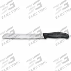 VICTORINOX Bread Knife: Serrated, 13 3/8 in Overall Lg, High Carbon Stainless Steel Blade, Stamped (MPN 6.8633.21B). Key specifications — Brand: VICTORINOX; Blade Material: High Carbon Stainless Steel; Blade Type: Serrated; Edge Style: Wavy Edge; Forged/Stamped: Stamped; Handle Color: Black; Handle Material: Thermoplastic; Knife Type: Bread Knife.