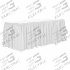 R&R TEXTILE Table Skirt: White, 13 ft Overall Lg, Poly, Shirred, Hook-and-Loop, 29 in Overall Ht (MPN EE-Pshirred-13FTx29in-White). Key specifications — Attachment Type: Hook-and-Loop; Material: Poly; Pleat Type: Shirred; Brand: R&R TEXTILE.