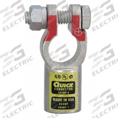 FUSION Battery Terminal: Straight, Crimp, 4/0 ga, Yellow Color, Positive, Copper/Tin (MPN 4040P). Key specifications — Contact Material: Copper; Alignment: Straight; Color Code: Yellow; Connection Type: Crimp; Gauge: 4/0 ga; Polarity: Positive; Brand: FUSION.
