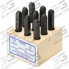 YOUNG BROS. STAMP WORKS Hand Stamp Kit: 0 thru 9 (6 doubles as 9), 1/16 in Character Ht, # Set (MPN 01094). Key specifications — Material: Steel; Brand: YOUNG BROS. STAMP WORKS; Characters Included: 0 thru 9 (6 doubles as 9).