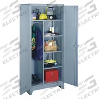 LYON Storage Cabinet: 36 in x 24 in x 82 in, 4 Shelves, Swing Handle & Padlock Hasp, 14 ga Panel (MPN DD1121). Key specifications — attr113700: Adjustable; attr113673: Legs; attr113674: Gray; attr113686: No; attr113685: Assembled; attr113675: Hanging Rods; attr66488: LYON; attr113676: Hanging Rod and Shelves.