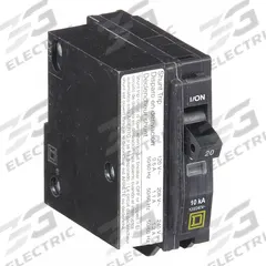 SQUARE D Miniature Circuit Breaker: 20 A, 120/240V AC, Single Phase, 10kA at 120/240V AC, 1 Poles (MPN QO1201021). Key specifications — Phase: Single; Amps: 20 A; AC Voltage Rating: 120/240V AC; Max. AIR Rating: 10kA at 120/240V AC; For Use With: QO Load Centers and NQ Panelboards; Brand: SQUARE D.