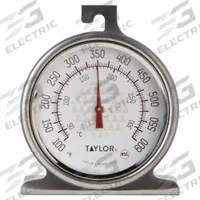 TAYLOR Oven Thermometer: Oven, Analog, 2 in Dial Size, 2 9/16 in Dia, Metal Detectable (MPN 350610D). Key specifications — Accuracy: ±5 °F; Brand: TAYLOR; Case Material: Stainless Steel; Display Type: Analog; Features: Hanger; Lens Material: Glass; NSF Certified: Yes; Thermometer Type: Oven Thermometer.