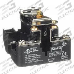 DAYTON Open Power Relay: Surface Mounted, 24V DC, SPST-NO, 4 Pins/Terminals (MPN 5YZ79). Key specifications — Brand: DAYTON; Mounting Style: Surface; Electrical Connection: Screw Clamp; Manufacturer Part Number: 5YZ79; Series: Dayton Power Series.