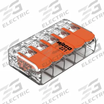 WAGO Lever Wire Connector: 5 Port, 24 AWG – 12 AWG Solid Wire Size Range, 32 A - Compact Lever Wire Connectors