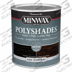 MINWAX Wood Stain: Wood Stain and Sealer, Interior, Oil, 1 qt Container Size, Wood, Gloss, Minwax (MPN 614950444). Key specifications — Brand: MINWAX; Transparency: Semi-Transparent; Use Location: Interior; Sheen: Gloss; Sub-Brand: Minwax; Color: Classic Black.