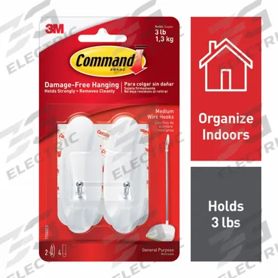 COMMAND Hook: 3 lb Wt Capacity, 1 Points per Hook, White, 3 in Overall Ht, 1 1/8 in Overall Wd - Adhesive-Backed Utility Hooks