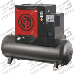 CHICAGO PNEUMATIC Rotary Screw Air Compressor w/Air Dryer: Horizontal, 15 hp, 49.2 cfm, 132 gal Tank (MPN QRS 15 HPD). Key specifications — attr48606: Three; attr48593: 208 to 230V AC; attr48578: CHICAGO PNEUMATIC; attr110305: Included.