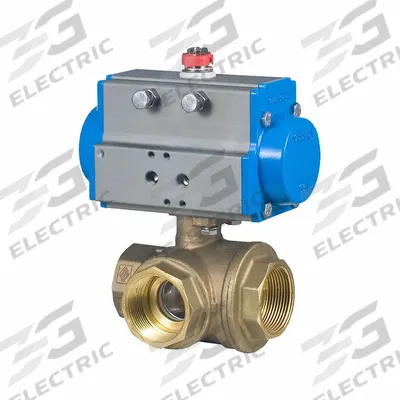 BONOMI Pneumatically Actuated Three-Way Ball Valve: 1/4 in, Brass, FNPT x FNPT x FNPT - L-Port Brass Pneumatically-Actuated Ball Valves