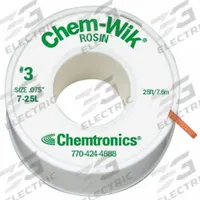 CHEMTRONICS Desoldering Wick: Rosin Flux, # 3, 0.08 in, 25 ft, Green, Std (MPN 7-25L). Key specifications — Color: Green; Brand: CHEMTRONICS; Manufacturer Part Number: 7-25L.