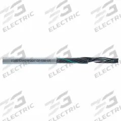 CHAINFLEX Control Cable: 14 AWG Conductor Size, 3 Conductors, PVC, Order by the Foot, Gray (MPN CF130US-25-03). Key specifications — Conductor Size: 14 AWG; Minimum Bend Radius Factor - Fixed: 5 x OD; Minimum Bend Radius Factor - Flexible: 7.5 x OD; Brand: CHAINFLEX.