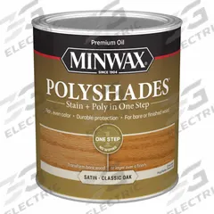 MINWAX Wood Stain: Wood Stain and Sealer, Interior, Oil, 1 qt Container Size, Wood, Satin, Minwax (MPN 61370444). Key specifications — Brand: MINWAX; Transparency: Semi-Transparent; Use Location: Interior; Sheen: Satin; Sub-Brand: Minwax; Color: Classic Oak.