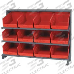QUANTUM STORAGE SYSTEMS Bench Pick Rack: 36 in x 12 in x 27 in, 1 Usable Sides, 3 Shelves, 12 Bins (MPN QPRHA-207RD). Key specifications — Bin HxWxD: (12) 6 in x 8-3/8 in x 11-5/8 in; Frame Material: Steel; Frame Color: Gray; Bin Color: Red; Brand: QUANTUM STORAGE SYSTEMS.