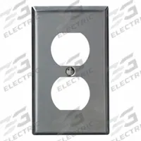 LEVITON Wall Plate: Duplex Outlet, 1 Gang, Silver, Midsize Size (MPN SSJ8-40). Key specifications — Brand: LEVITON; Material: Stainless Steel.