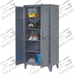 STRONG HOLD Storage Cabinet: 36 in x 24 in x 78 in, Swing Handle & Padlock Hasp, 12 ga Panel Thick (MPN 36-244). Key specifications — attr62698: Dark Gray; attr62736: Welded; attr87895: Legs; attr62693: Assembled; attr62737: Stationary; attr62694: Adjustable; attr62695: Baked Enamel; attr62696: Steel.