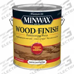 MINWAX Wood Stain: Wood Stain, Interior, Oil, 1 gal Container Size, Wood, English Chestnut, Minwax (MPN 710870000). Key specifications — Brand: MINWAX; Transparency: Semi-Transparent; Use Location: Interior; Sub-Brand: Minwax; Color: English Chestnut.