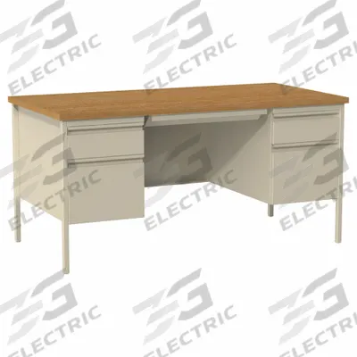HIRSH Office Desk: Particle Board, Oak/Putty, 2 Pedestals, 4 Drawers, 60 in Overall Wd - Pedestal Desks