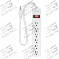 WOODS Surge Protector: 6 Outlets, 1 1/2 ft Cord Lg, 280 J Rated Energy, 15 A Current, White, 5-15P (MPN 41345). Key specifications — Brand: WOODS; Mounting Style: Non Mounting.