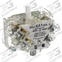 SCHNEIDER Contact Block: 30 mm Panel Mounting Size, 1NO/1NC, Momentary, 9001K/9001SK Series (MPN 9001KA1). Key specifications — Switch Action: Momentary; Terminal Connection Type: Screw Clamp Terminals; Brand: SCHNEIDER; Compatible with Series: 9001SK.