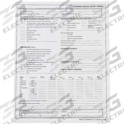 BRADY Confined Space Entry Permits: 8 1/2 in x 11 in, Black/White, Paper