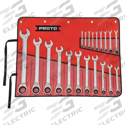 PROTO Combination Wrench Set: Alloy Steel, Chrome, 20 Tools - SAE 12-Point Ratcheting Combination Wrench Sets
