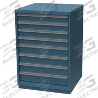 LISTA Modular Drawer Cabinet: 28 1/4 in x 28 1/2 in x 41 3/4 in, 8 Drawers, 148 Compartments, Steel (MPN SC09-0805A-FTKACB). Key specifications — Drawer Inside Height: (4) 3 in; Drawer Access: Single; Base Type: Frame; Number of Compartments per Drawer: (4) 24; Brand: LISTA; Cabinet Color: Classic Blue.