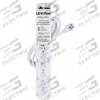 LEVITON Outlet Strip: 6 Outlets, 7 ft Cord Lg, 644 J Rated Energy, 15 A Current, White, 5-20P, 5-15R (MPN 5306M-1S7). Key specifications — Brand: LEVITON; Mounting Style: Screw.