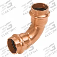 NIBCO Press Elbow Fitting: 90° Long Radius Elbow, 2 1/2 in CTS x 2 1/2 in CTS size, Copper (MPN 9079050PC). Key specifications — Brand: NIBCO; Series: Press System; Broad - Material for Bullet: Copper Or Bronze; Brand - Broad: NIBCO.