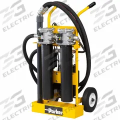 PARKER Hydraulic Oil Filter Cart: 10 gpm Max Flow Rate, 150 psi Max Pressure, 1 hp Motor Horsepower (MPN 10PFCC220Q10QBVPI1). Key specifications — attr95879: Electric; attr98908: PARKER.