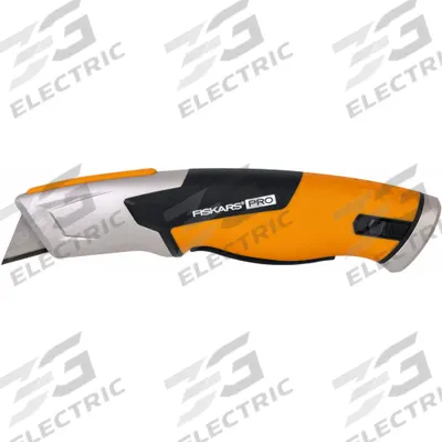 FISKARS Utility Knife: 7 in Overall Lg, Textured, 1 3/4 in Overall Wd, Rubber, Black/Orange - Automatic Retracting Utility Knives